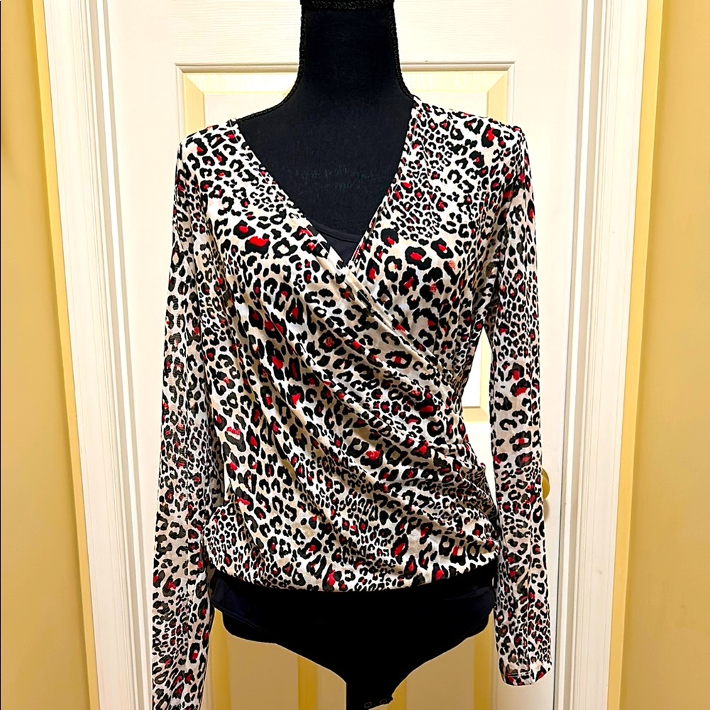 Tahari Wrap Bodysuit in Brown Red and Black